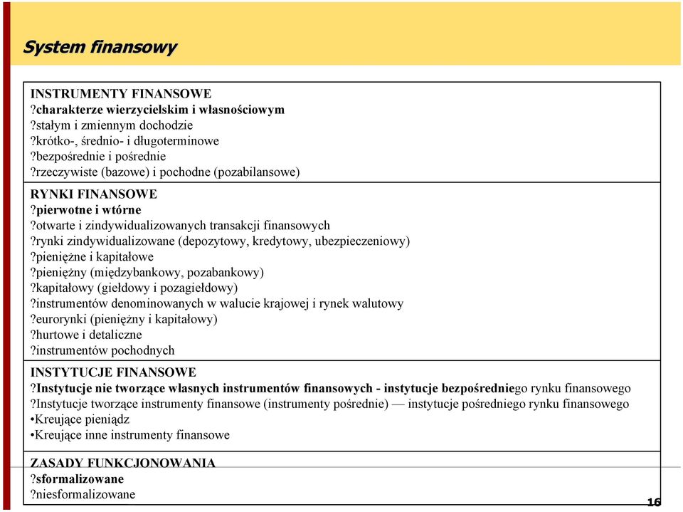 rynki zindywidualizowane (depozytowy, kredytowy, ubezpieczeniowy)?pieniężne i kapitałowe?pieniężny (międzybankowy, pozabankowy)?kapitałowy (giełdowy i pozagiełdowy)?