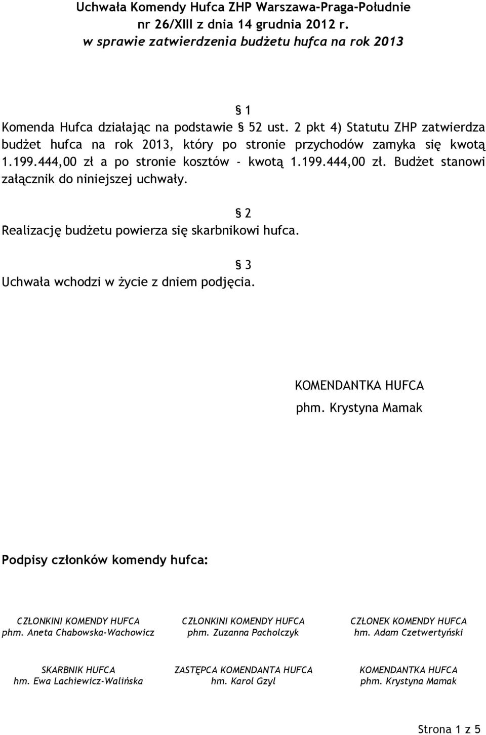 2 pkt 4) Statutu ZHP zatwierdza budżet hufca na rok 2013, który po stronie przychodów zamyka się kwotą 1.199.
