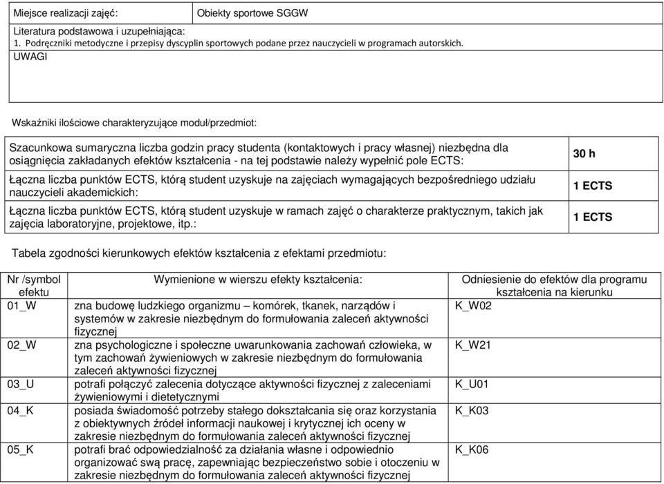 - na tej podstawie należy wypełnić pole ECTS: Łączna liczba punktów ECTS, którą student uzyskuje na zajęciach wymagających bezpośredniego udziału nauczycieli akademickich: Łączna liczba punktów ECTS,