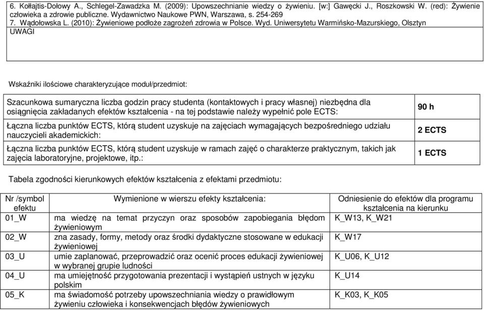 Uniwersytetu Warmińsko-Mazurskiego, Olsztyn UWAGI Wskaźniki ilościowe charakteryzujące moduł/przedmiot: Szacunkowa sumaryczna liczba godzin pracy studenta (kontaktowych i pracy własnej) niezbędna dla