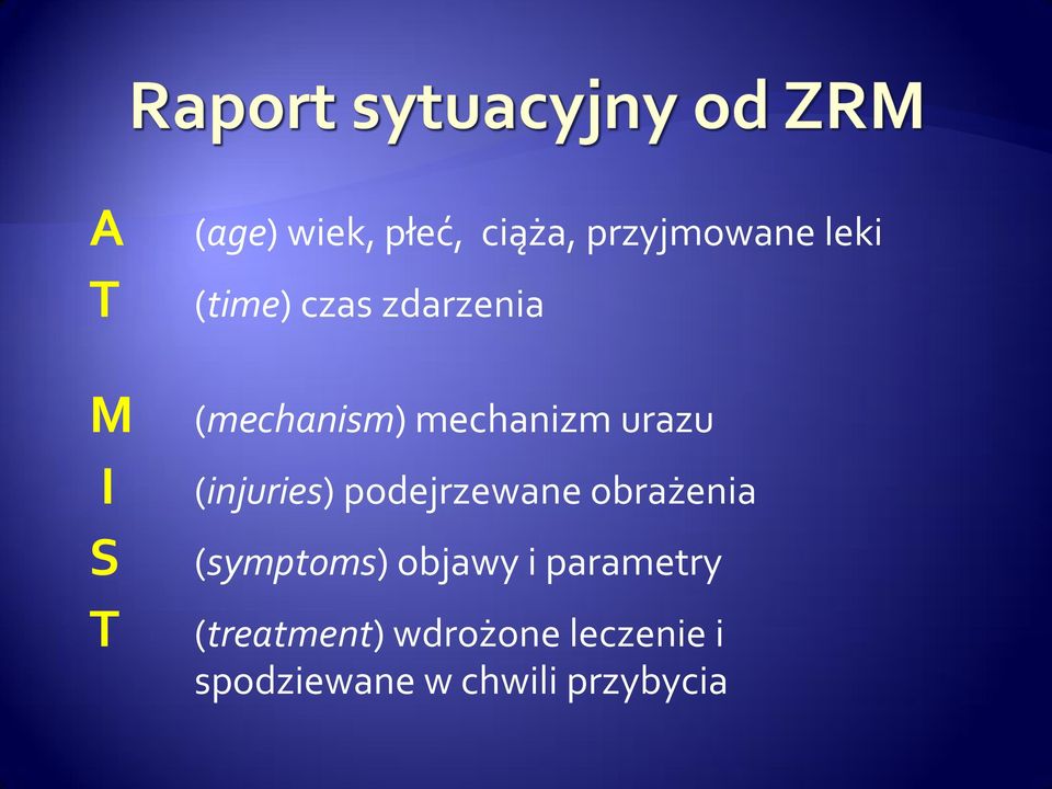 (injuries) podejrzewane obrażenia (symptoms) objawy i