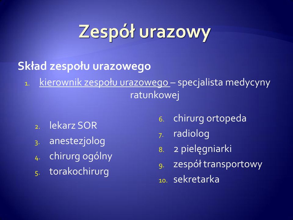 2. lekarz SOR 3. anestezjolog 4. chirurg ogólny 5.