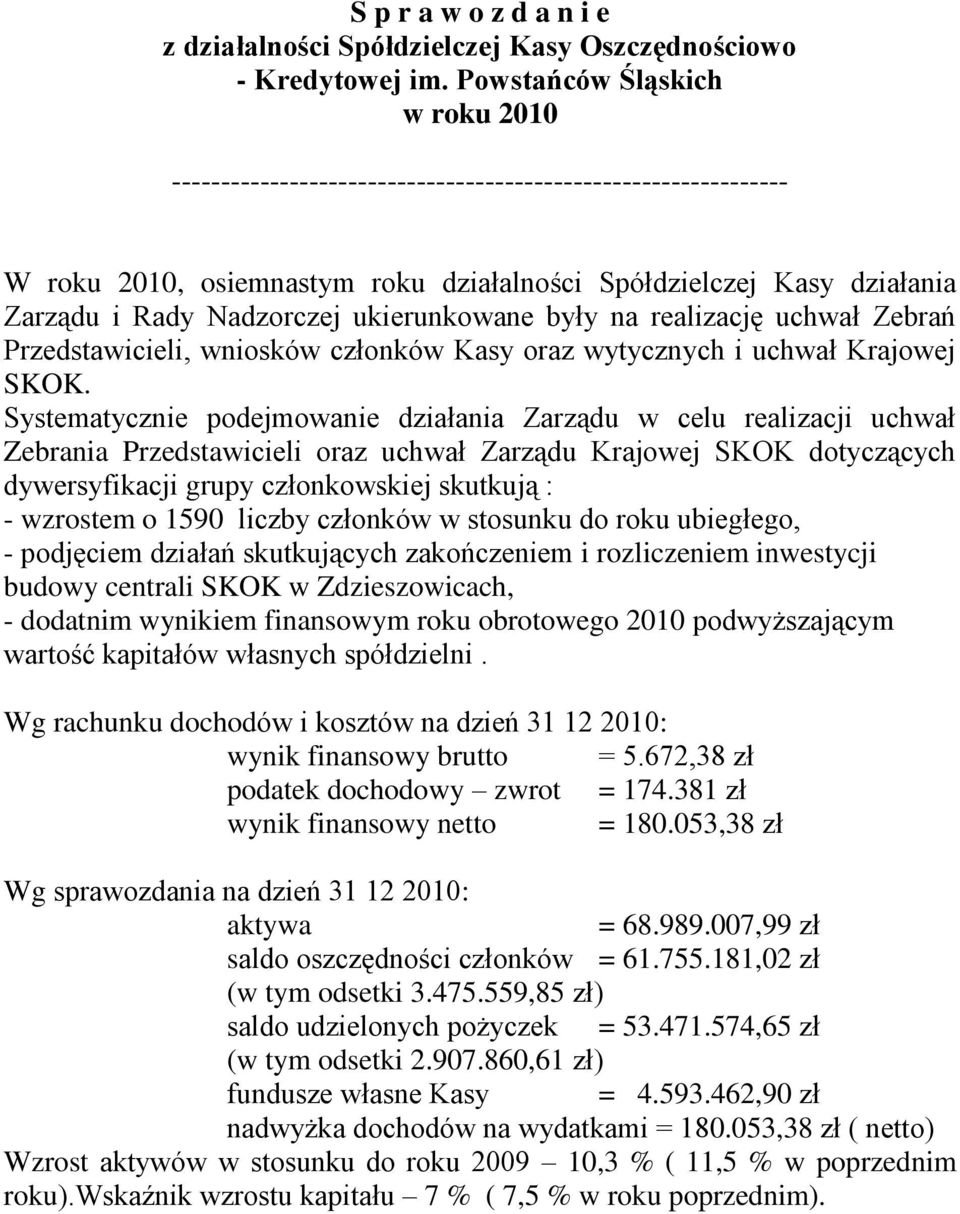 ukierunkowane były na realizację uchwał Zebrań Przedstawicieli, wniosków członków Kasy oraz wytycznych i uchwał Krajowej SKOK.