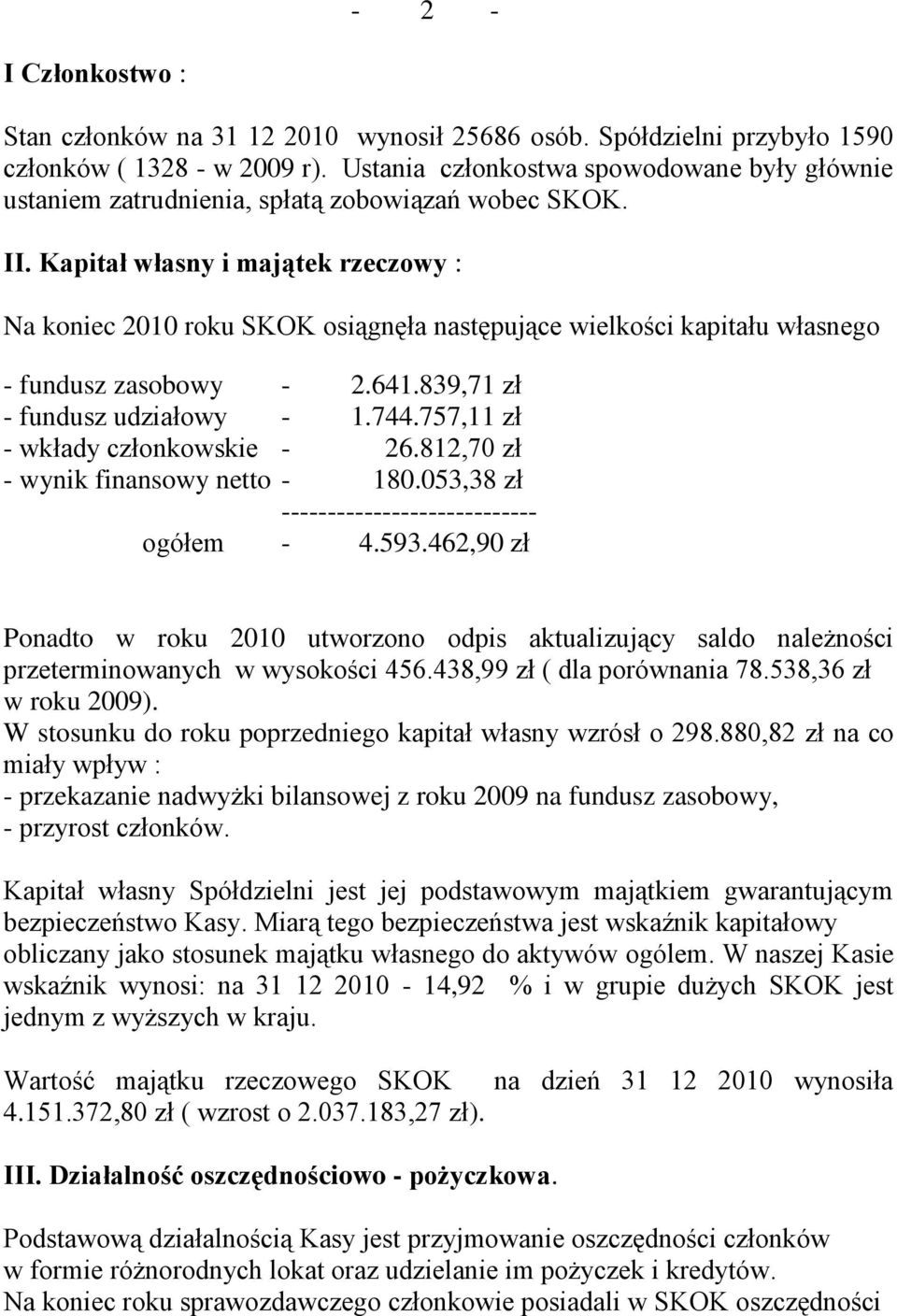 Kapitał własny i majątek rzeczowy : Na koniec 2010 roku SKOK osiągnęła następujące wielkości kapitału własnego - fundusz zasobowy - 2.641.839,71 zł - fundusz udziałowy - 1.744.