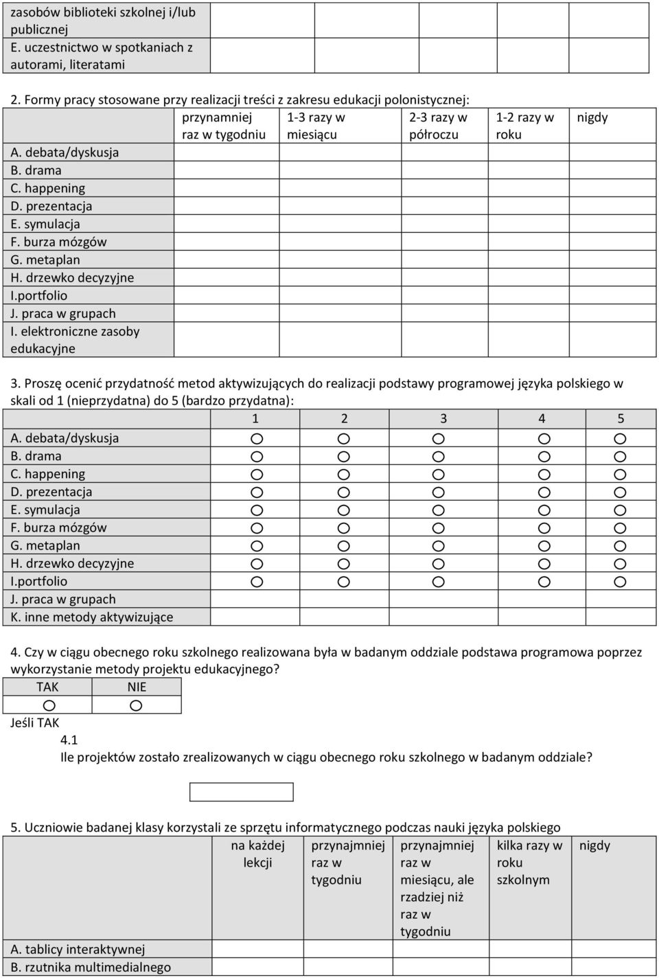 Proszę ocenić przydatność metod aktywizujących do realizacji podstawy programowej języka polskiego w skali od 1 (nieprzydatna) do 5 (bardzo przydatna): 1 2 3 4 5 E. symulacja K.