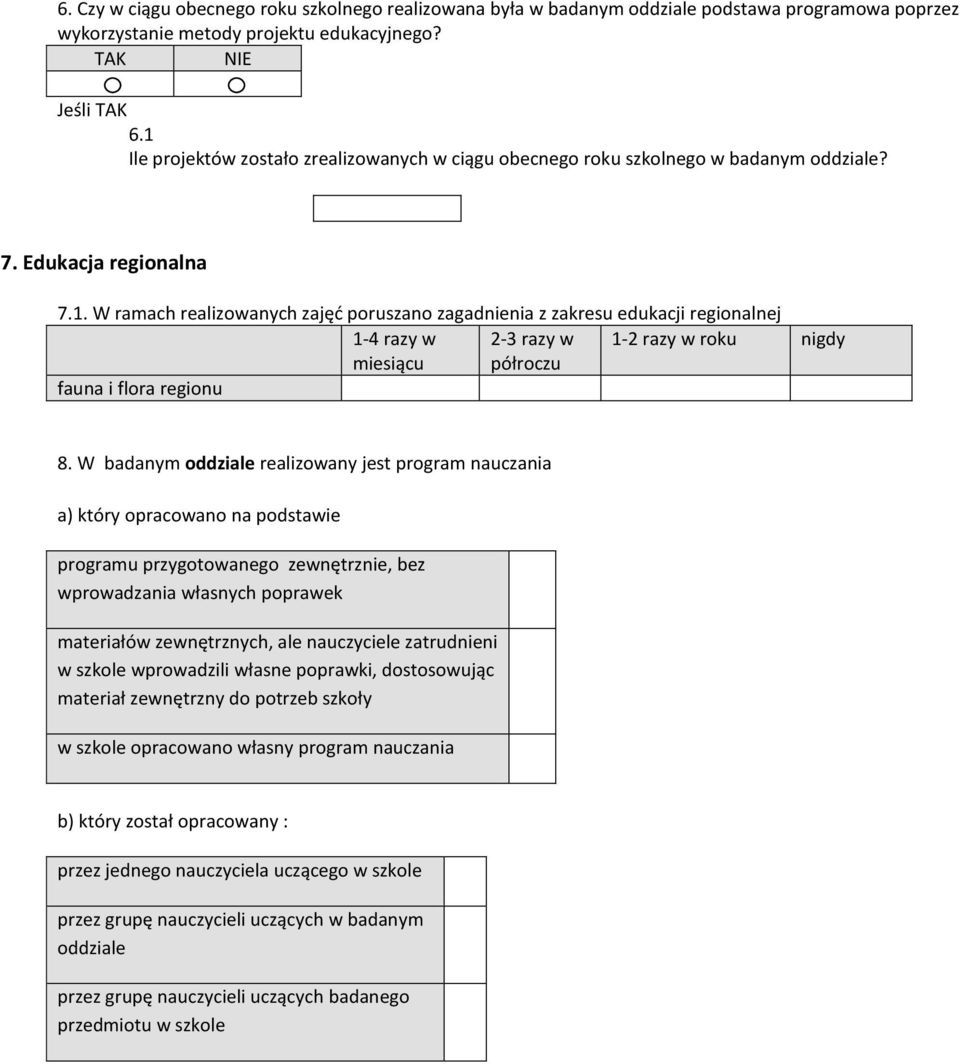 W badanym oddziale realizowany jest program nauczania a) który opracowano na podstawie programu przygotowanego zewnętrznie, bez wprowadzania własnych poprawek materiałów zewnętrznych, ale nauczyciele