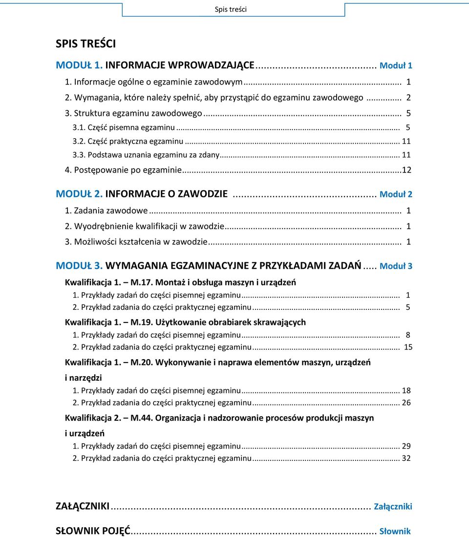 INFORMACJE O ZAWODZIE... Moduł 2 1. Zadania zawodowe... 1 2. Wyodrębnienie kwalifikacji w zawodzie... 1 3. Możliwości kształcenia w zawodzie... 1 MODUŁ 3. WYMAGANIA EGZAMINACYJNE Z PRZYKŁADAMI ZADAŃ.