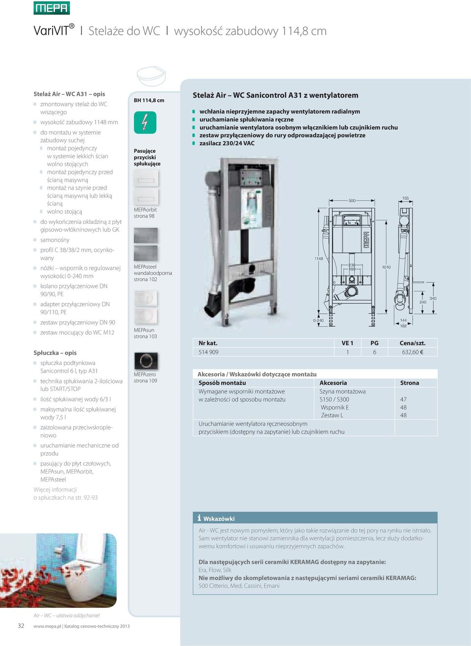 BH 114,8 cm Pasujące przyciski spłukujące MEPAorbit strona 98 Stelaż Air WC Sanicontrol A31 z wentylatorem wchłania nieprzyjemne zapachy wentylatorem radialnym uruchamianie spłukiwania ręczne