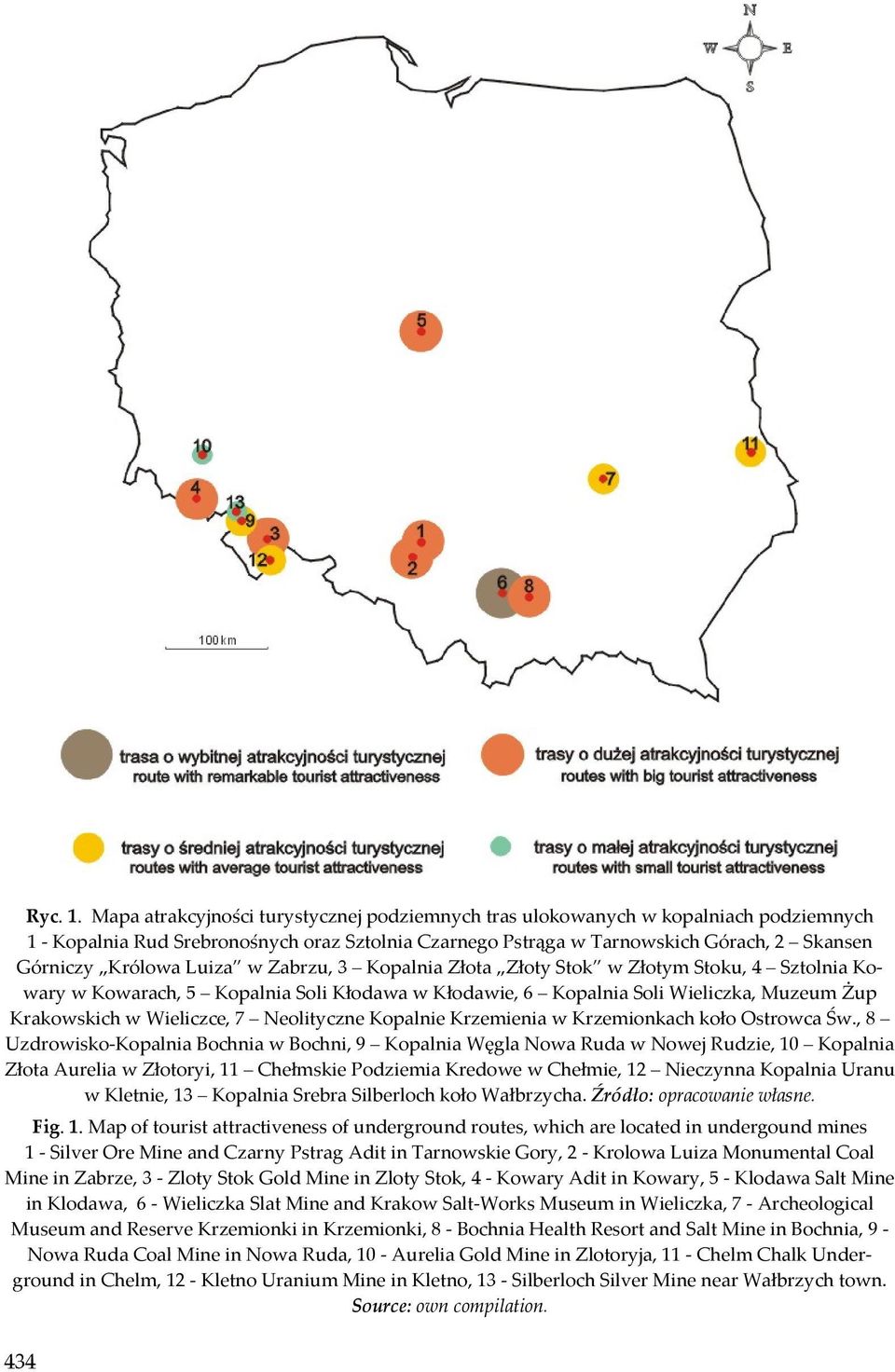 Luiza w Zabrzu, 3 Kopalnia Złota Złoty Stok w Złotym Stoku, 4 Sztolnia Kowary w Kowarach, 5 Kopalnia Soli Kłodawa w Kłodawie, 6 Kopalnia Soli Wieliczka, Muzeum Żup Krakowskich w Wieliczce, 7