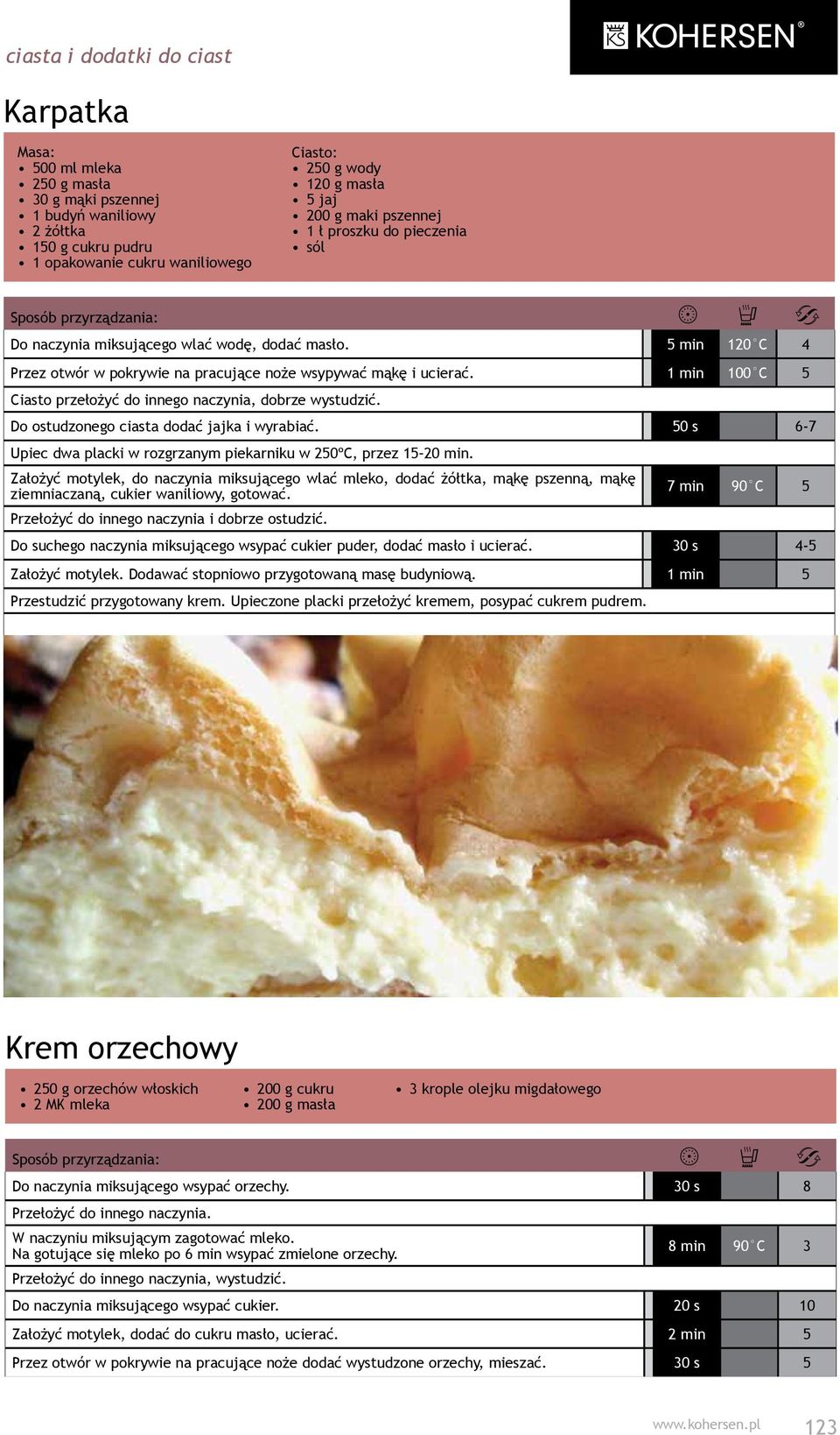 1 min 100 C 5 Ciasto przełożyć do innego naczynia, dobrze wystudzić. Do ostudzonego ciasta dodać jajka i wyrabiać. 50 s 6-7 Upiec dwa placki w rozgrzanym piekarniku w 250ºC, przez 15 20 min.