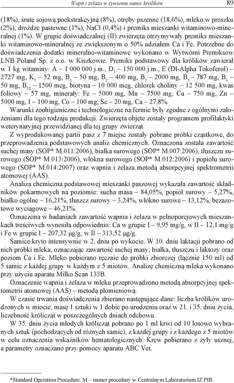 Potrzebne do doświadczenia dodatki mineralno-witaminowe wykonano w Wytwórni Premiksów LNB Poland Sp. z o.o. w Kiszkowie. Premiks podstawowy dla królików zawierał w 1 kg witaminy: A 1 000 000 j.m., D 3 150 000 j.