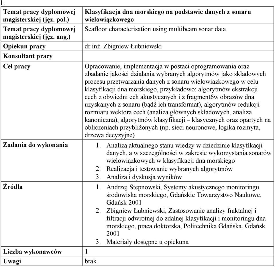 celu klasyfikacji dna morskiego, przykładowo: algorytmów ekstrakcji cech z obwiedni ech akustycznych i z fragment6w obrazów dna uzyskanych z sonaru (bądź ich transformat), algorytmów redukcji