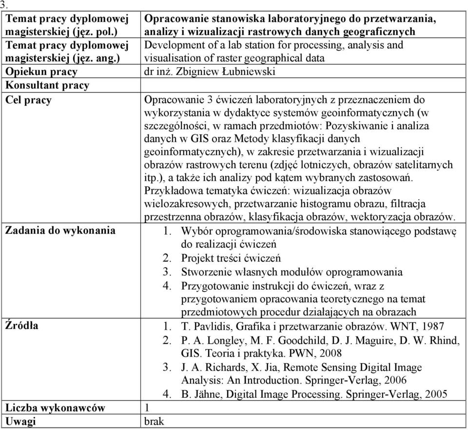 Zbigniew Łubniewski Opracowanie 3 ćwiczeń laboratoryjnych z przeznaczeniem do wykorzystania w dydaktyce systemów geoinformatycznych (w szczególności, w ramach przedmiotów: Pozyskiwanie i analiza
