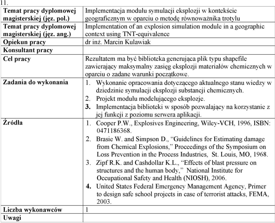 Marcin Kulawiak Rezultatem ma być biblioteka generująca plik typu shapefile zawierający maksymalny zasięg eksplozji materiałów chemicznych w oparciu o zadane warunki początkowe. 1.