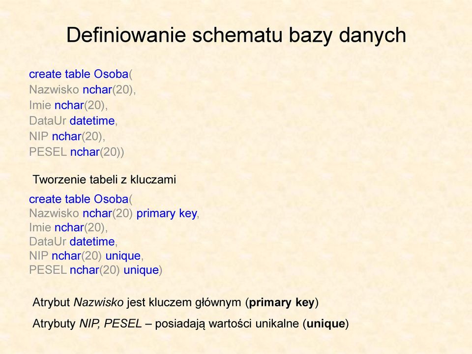 nchar(20) primary key, Imie nchar(20), DataUr datetime, NIP nchar(20) unique, PESEL nchar(20) unique)