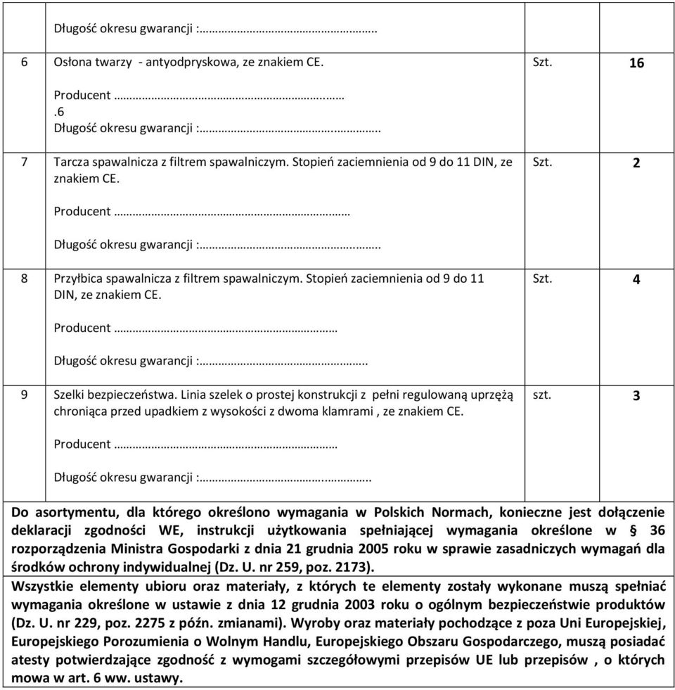 Szt. 4 Producent Długość okresu gwarancji :... 9 Szelki bezpieczeństwa.