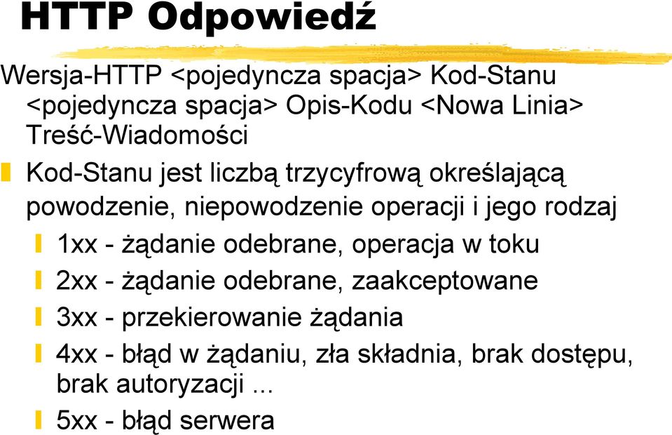 jego rodzaj 1xx - żądanie odebrane, operacja w toku 2xx - żądanie odebrane, zaakceptowane 3xx -