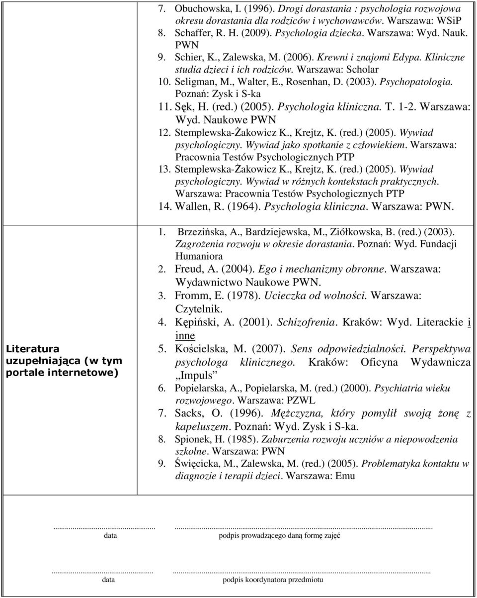 Poznań: Zysk i S-ka 11. Sęk, H. (red.) (2005). Psychologia kliniczna. T. 1-2. Warszawa: Wyd. Naukowe PWN 12. Stemplewska-Żakowicz K., Krejtz, K. (red.) (2005). Wywiad psychologiczny.