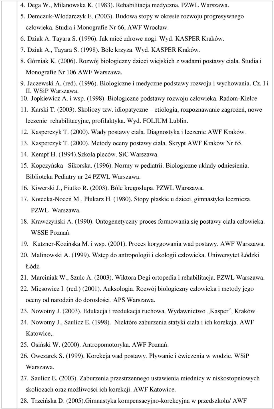 Rozwój biologiczny dzieci wiejskich z wadami postawy ciała. Studia i Monografie Nr 106 AWF Warszawa. 9. Jaczewski A. (red). (1996). Biologiczne i medyczne podstawy rozwoju i wychowania. Cz. I i II.