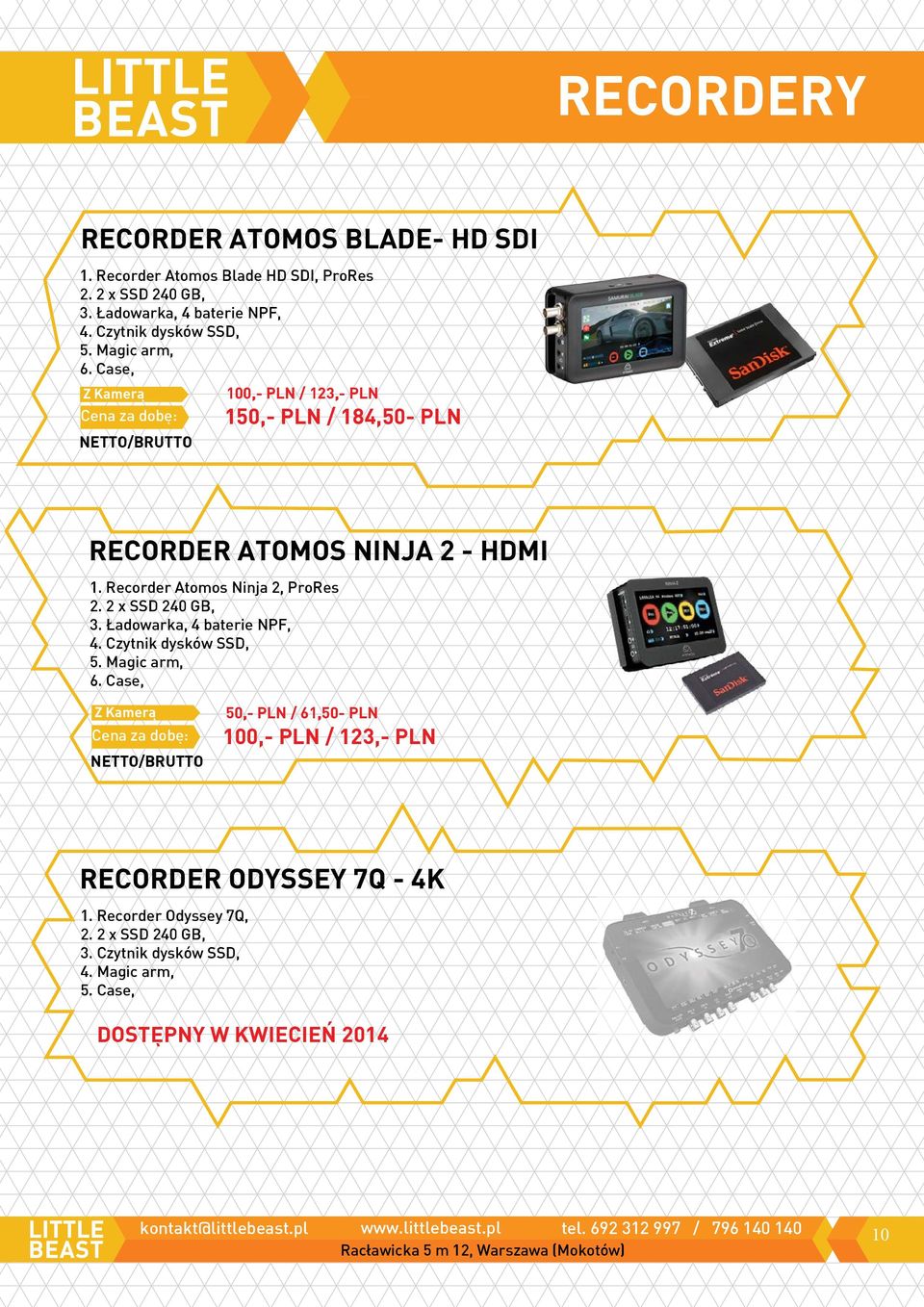 Recorder Atomos Ninja 2, ProRes 2. 2 x SSD 240 GB, 3. Ładowarka, 4 baterie NPF, 4. Czytnik dysków SSD, 5. Magic arm, 6.