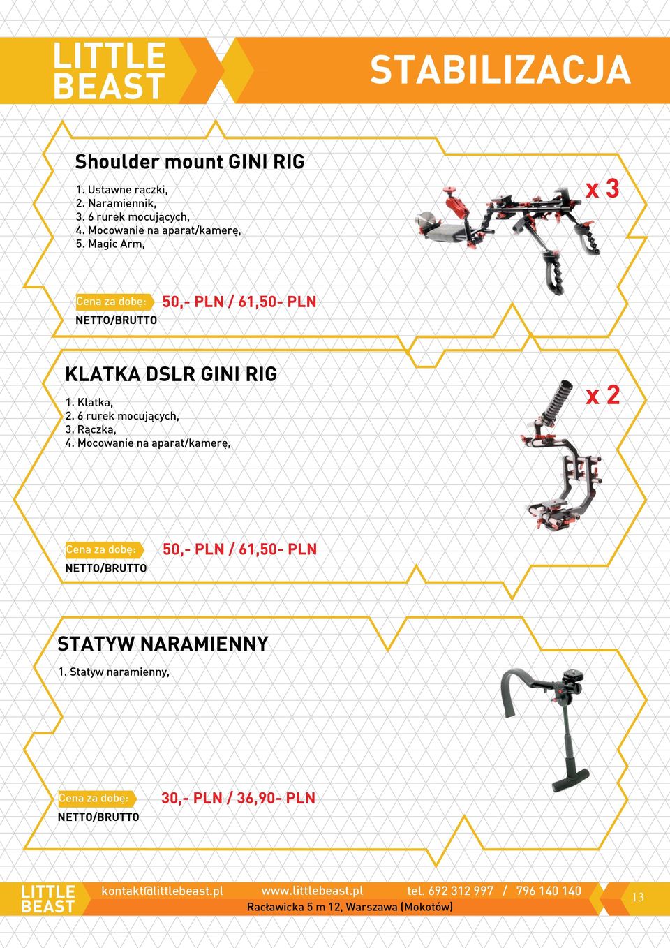 Magic Arm, x 3 KLATKA DSLR GINI RIG 1. Klatka, 2. 6 rurek mocujących, 3.