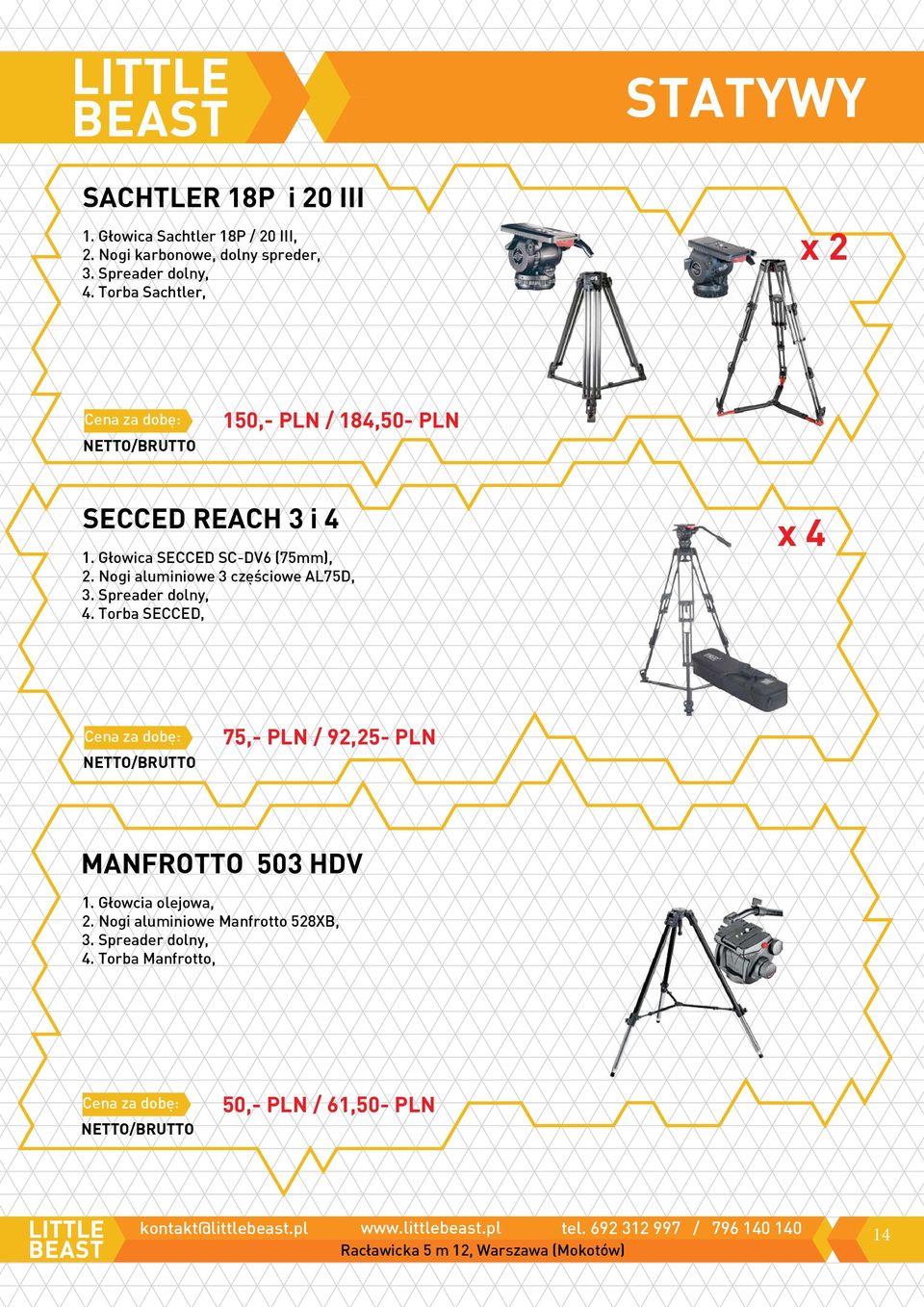 Głowica SECCED SC-DV6 (75mm), 2. Nogi aluminiowe 3 częściowe AL75D, 3. Spreader dolny, 4.