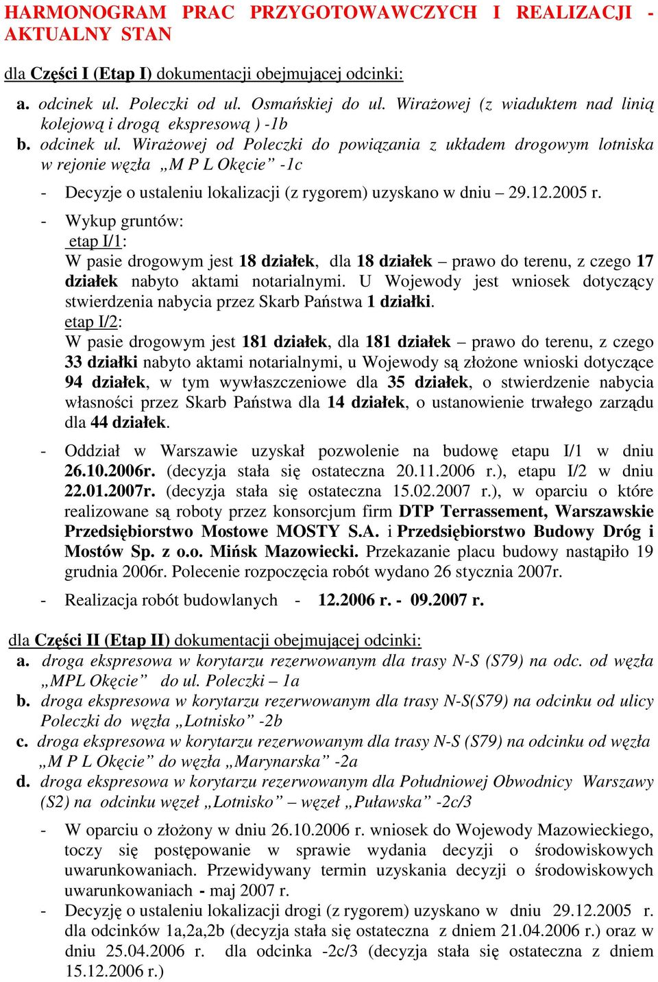 WiraŜowej od Poleczki do powiązania z układem drogowym lotniska w rejonie węzła M P L Okęcie -1c - Decyzje o ustaleniu lokalizacji (z rygorem) uzyskano w dniu 29.12.2005 r.