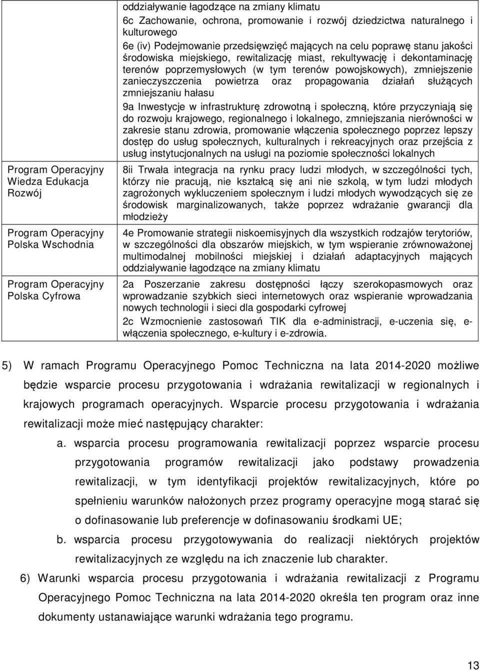 poprzemysłowych (w tym terenów powojskowych), zmniejszenie zanieczyszczenia powietrza oraz propagowania działań służących zmniejszaniu hałasu 9a Inwestycje w infrastrukturę zdrowotną i społeczną,