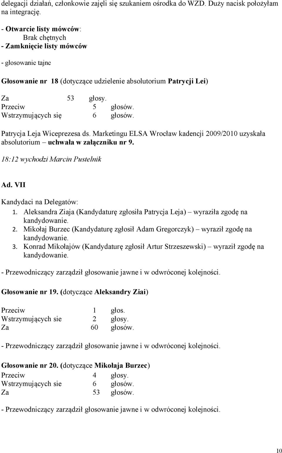Wstrzymujących się 6 głosów. Patrycja Leja Wiceprezesa ds. Marketingu ELSA Wrocław kadencji 2009/2010 uzyskała absolutorium uchwała w załączniku nr 9. 18:12 wychodzi Marcin Pustelnik Ad.