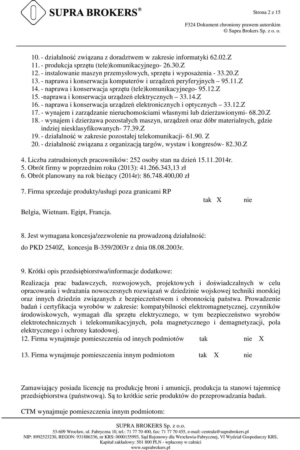 - naprawa i konserwacja sprzętu (tele)komunikacyjnego- 95.12.Z 15. -naprawa i konserwacja urządzeń elektrycznych 33.14.Z 16. - naprawa i konserwacja urządzeń elektronicznych i optycznych 33.12.Z 17.