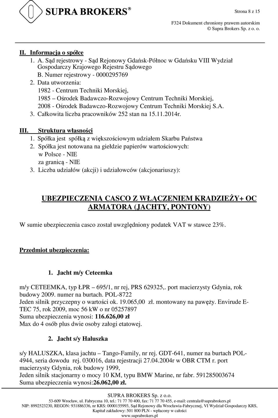 Całkowita liczba pracowników 252 stan na 15.11.2014r. III. Struktura własności 1. Spółka jest spółką z większościowym udziałem Skarbu Państwa 2.