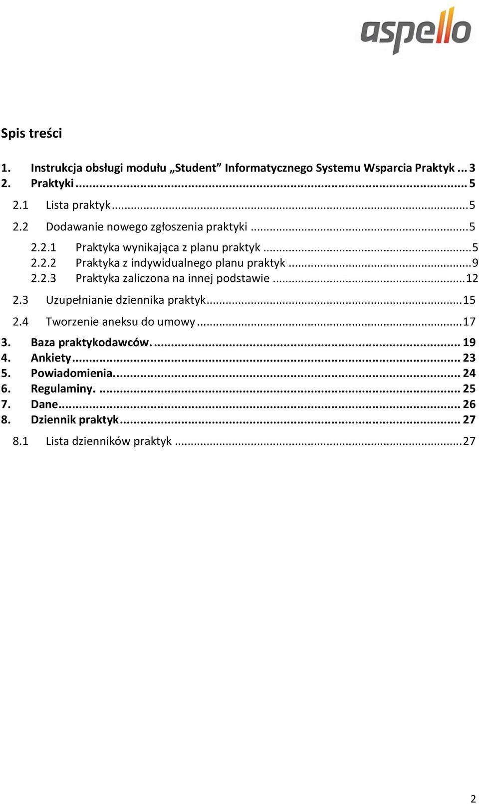 .. 9 2.2.3 Praktyka zaliczona na innej podstawie... 12 2.3 Uzupełnianie dziennika praktyk... 15 2.4 Tworzenie aneksu do umowy... 17 3.