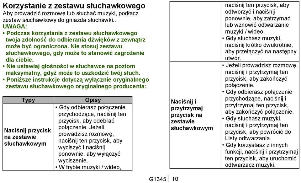 Nie stosuj zestawu słuchawkowego, gdy może to stanowić zagrożenie dla ciebie. Nie ustawiaj głośności w słuchawce na poziom maksymalny, gdyż może to uszkodzić twój słuch.