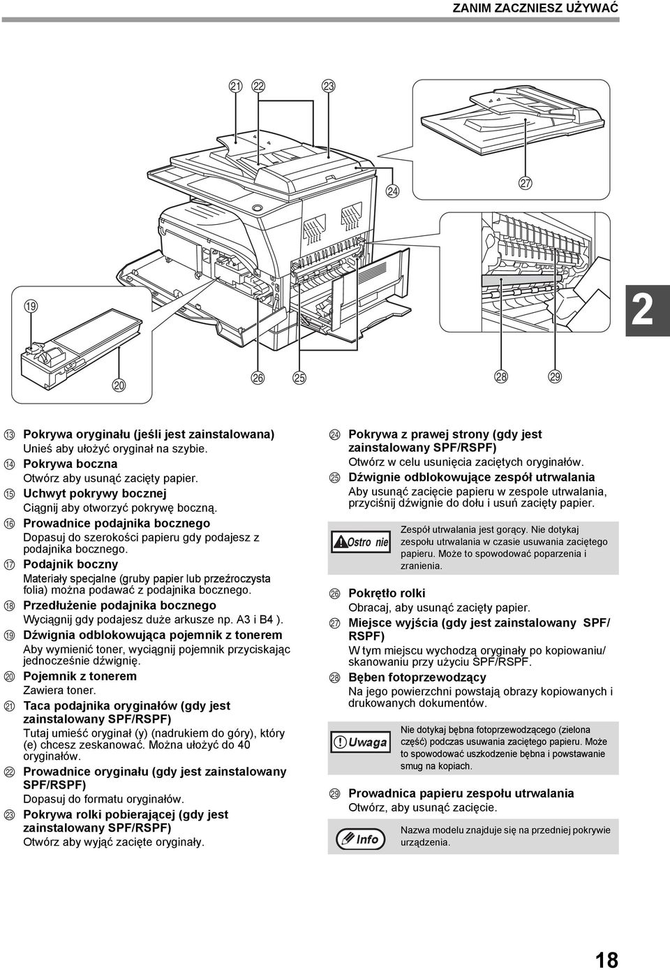Podajnik boczny Materiały specjalne (gruby papier lub przeźroczysta folia) można podawać z podajnika bocznego. Przedłużenie podajnika bocznego Wyciągnij gdy podajesz duże arkusze np. A i B ).