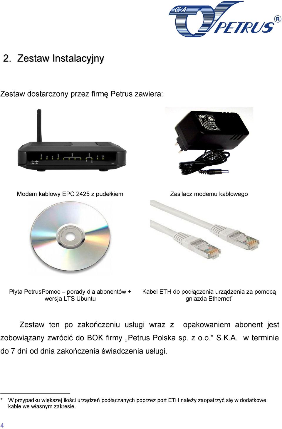 usługi wraz z opakowaniem abonent jest zobowiązany zwrócić do BOK firmy Petrus Polska sp. z o.o. S.K.A.