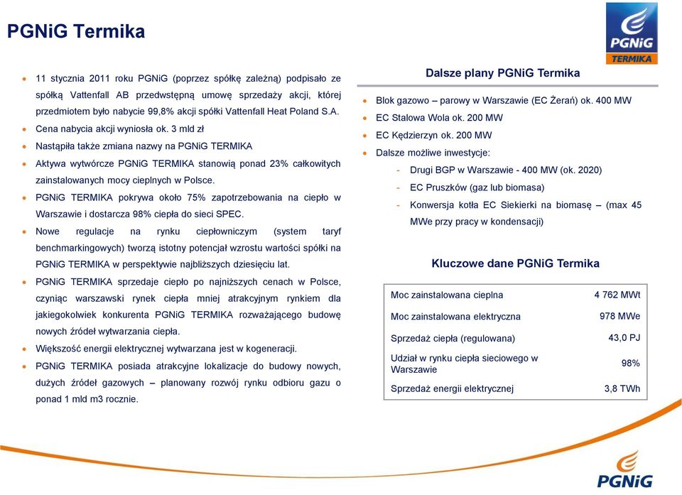 3 mld zł Nastąpiła także zmiana nazwy na PGNiG TERMIKA Aktywa wytwórcze PGNiG TERMIKA stanowią ponad 23% całkowitych zainstalowanych mocy cieplnych w Polsce.