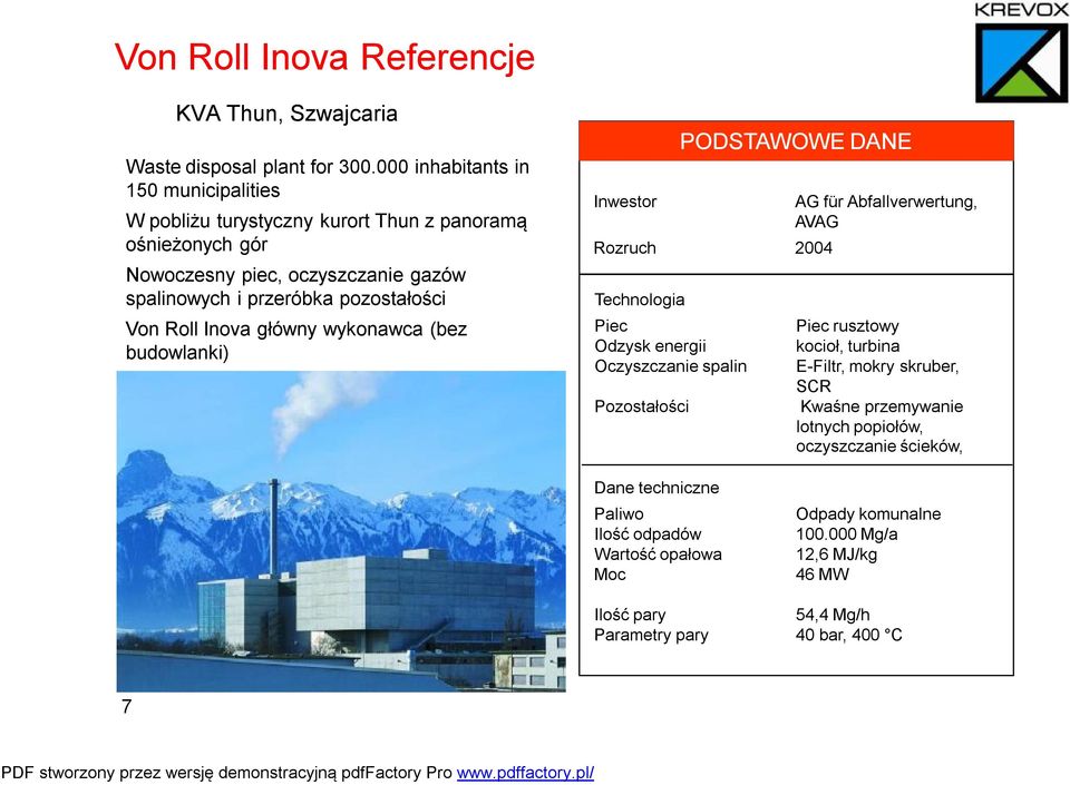 Roll Inova główny wykonawca (bez budowlanki) Inwestor PODSTAWOWE DANE Rozruch 2004 Technologia Piec Odzysk energii Oczyszczanie spalin Pozostałości AG für Abfallverwertung,