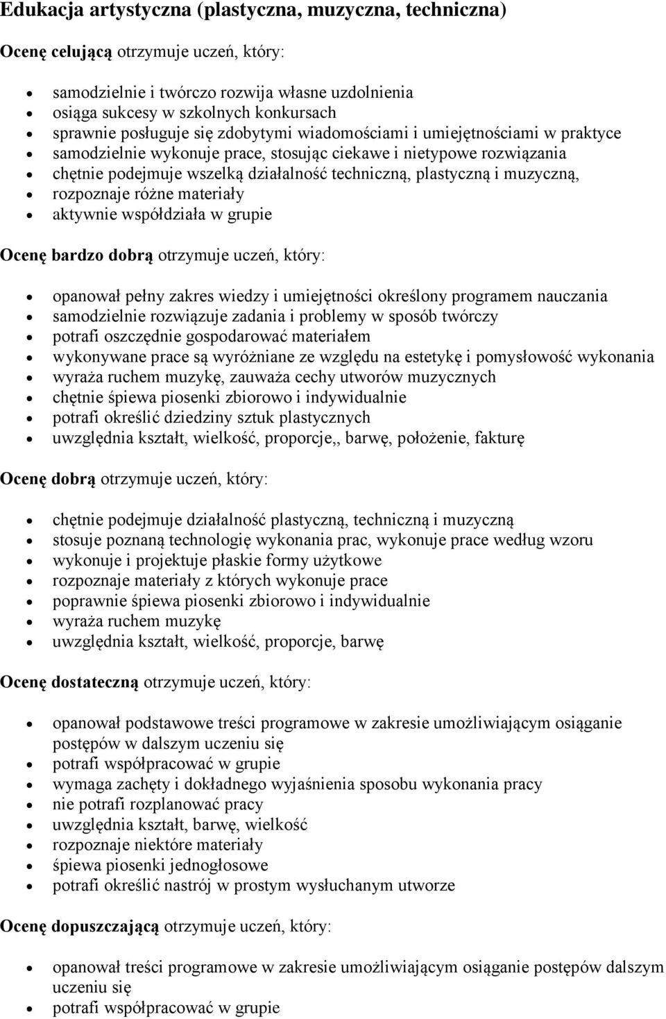 muzyczną, rozpoznaje różne materiały aktywnie współdziała w grupie Ocenę bardzo dobrą otrzymuje uczeń, który: opanował pełny zakres wiedzy i umiejętności określony programem nauczania samodzielnie