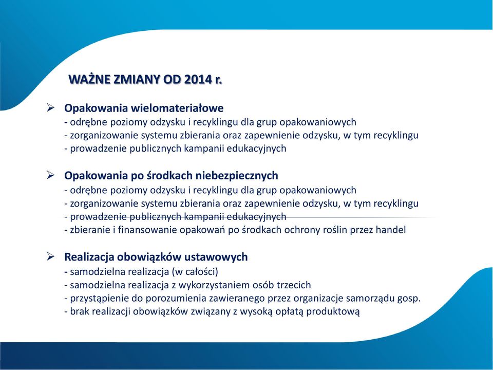 kampanii edukacyjnych Opakowania po środkach niebezpiecznych - odrębne poziomy odzysku i recyklingu dla grup opakowaniowych - zorganizowanie systemu zbierania oraz zapewnienie odzysku, w tym