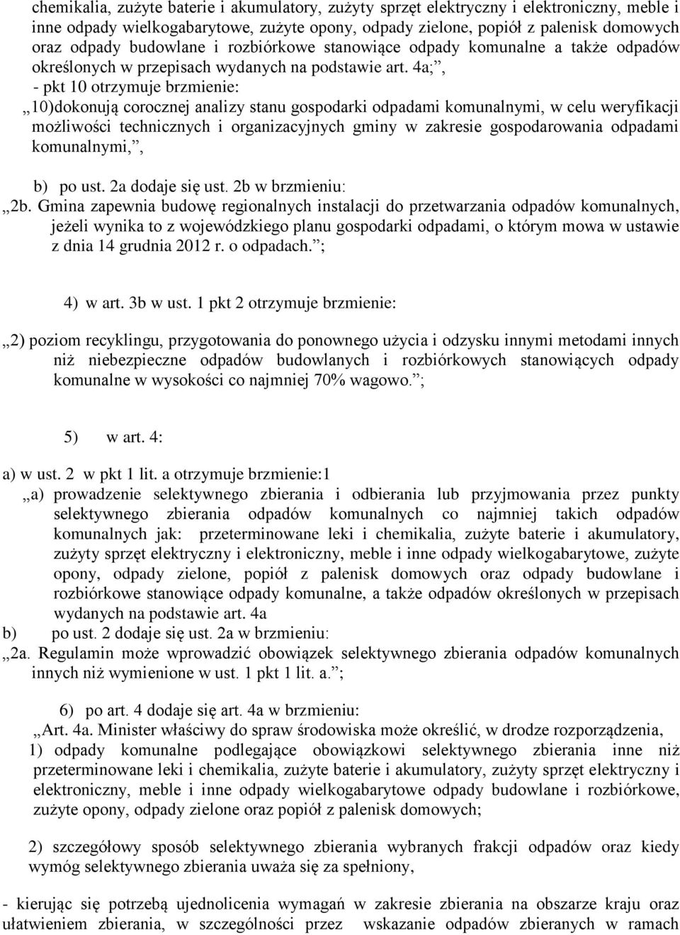 4a;, - pkt 10 otrzymuje brzmienie: 10) dokonują corocznej analizy stanu gospodarki odpadami komunalnymi, w celu weryfikacji możliwości technicznych i organizacyjnych gminy w zakresie gospodarowania