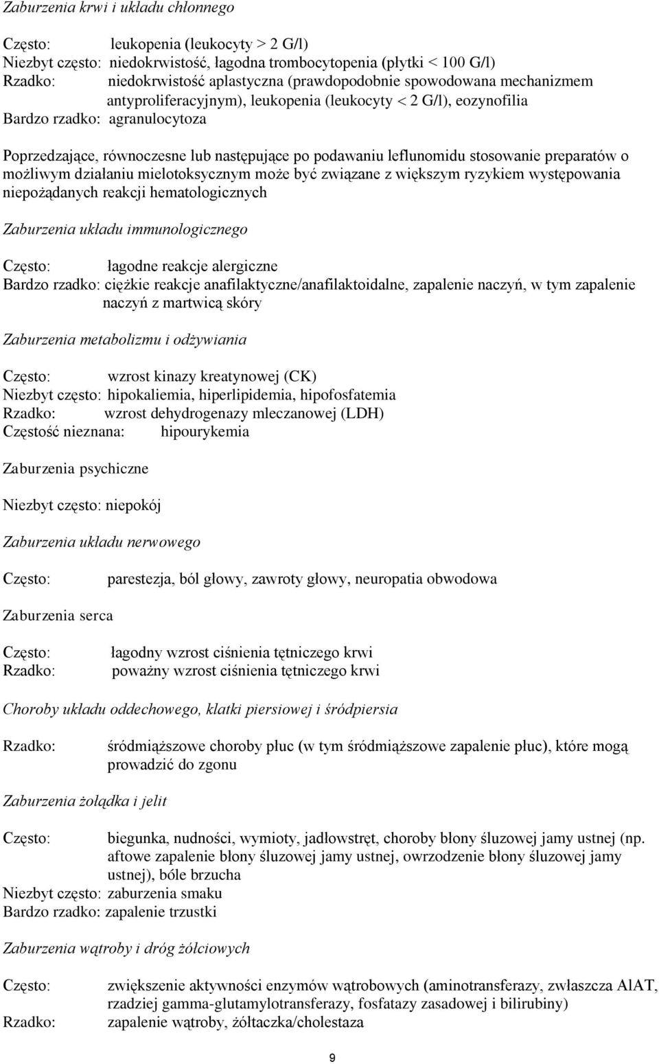 preparatów o możliwym działaniu mielotoksycznym może być związane z większym ryzykiem występowania niepożądanych reakcji hematologicznych Zaburzenia układu immunologicznego Często: łagodne reakcje