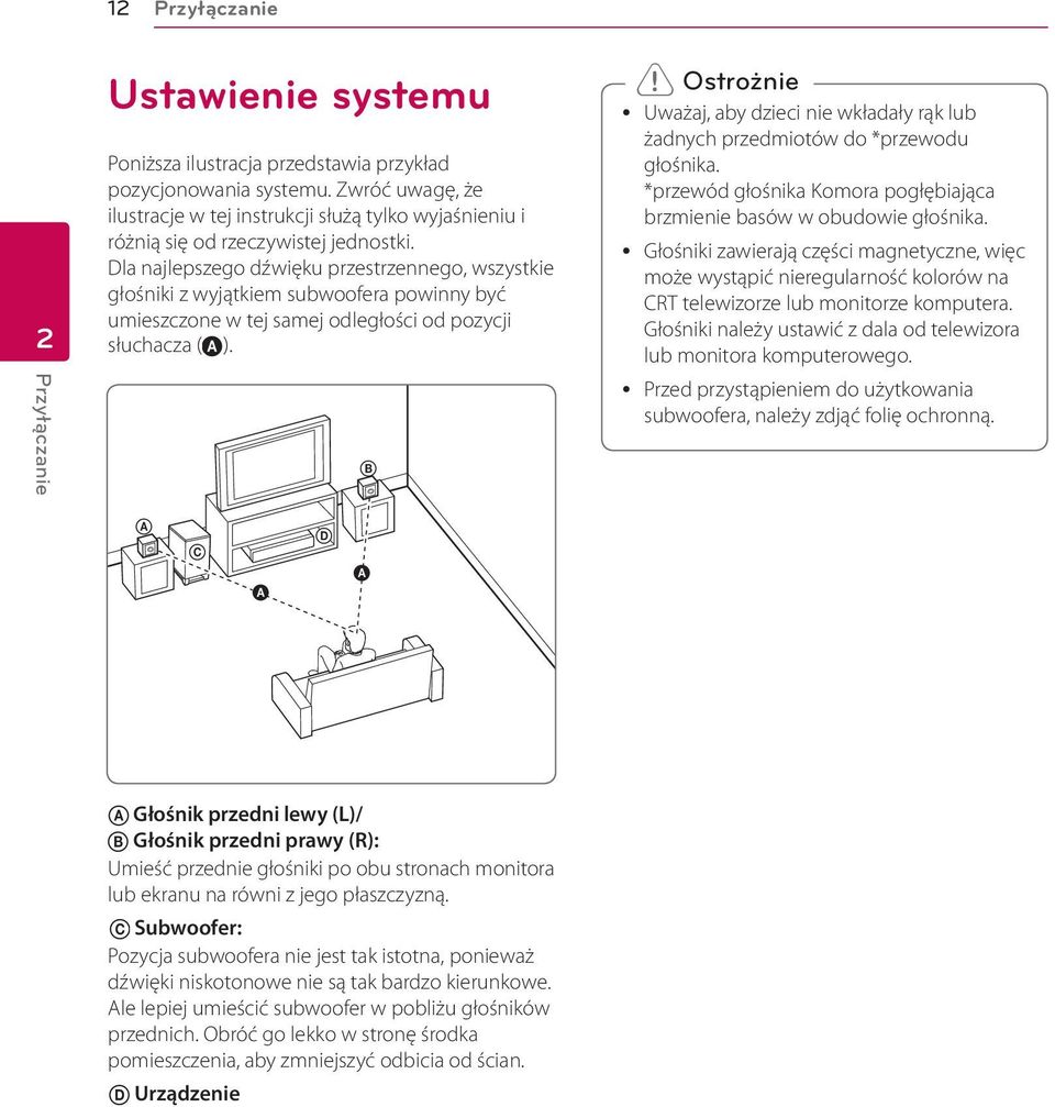 Dla najlepszego dźwięku przestrzennego, wszystkie głośniki z wyjątkiem subwoofera powinny być umieszczone w tej samej odległości od pozycji słuchacza ( A).