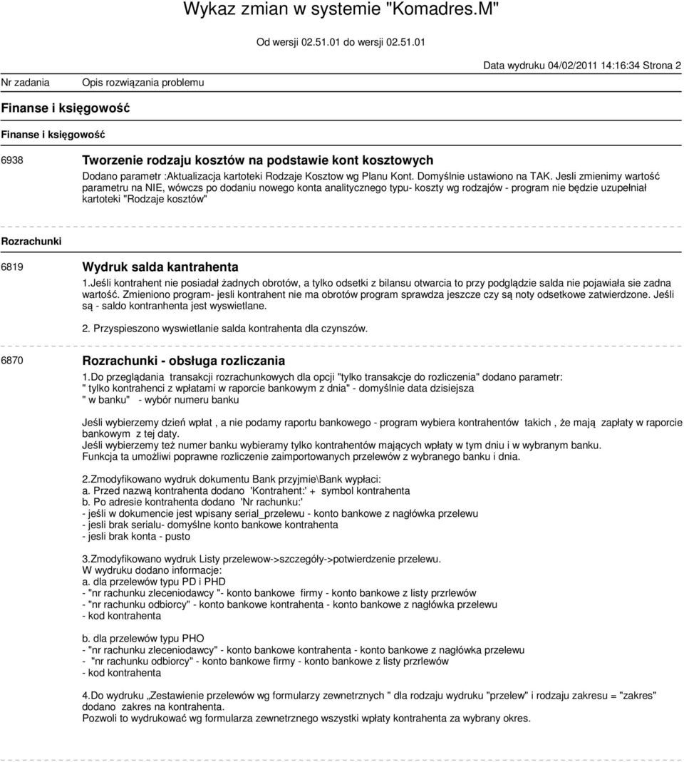 Jesli zmienimy wartość parametru na NIE, wówczs po dodaniu nowego konta analitycznego typu- koszty wg rodzajów - program nie będzie uzupełniał kartoteki "Rodzaje kosztów" Rozrachunki 6819 Wydruk