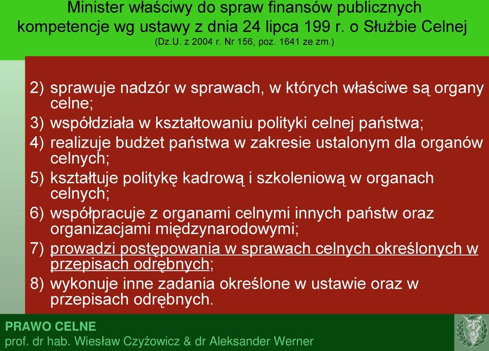 zakresie ustalonym dla organów celnych; 5) kształtuje politykę kadrową i szkoleniową w organach celnych; 6) współpracuje z organami celnymi innych państw oraz