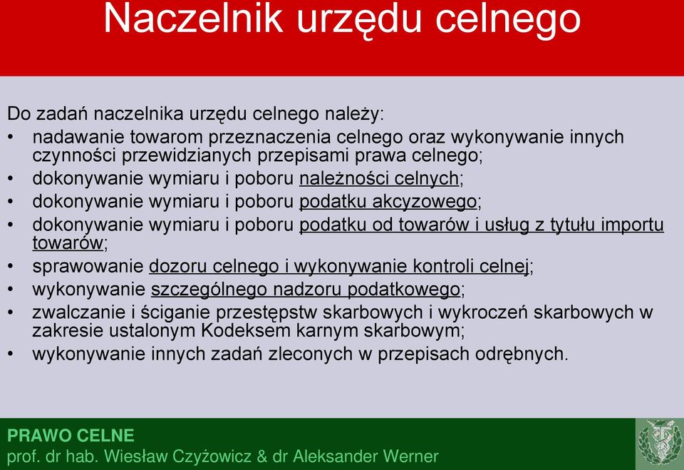 od towarów i usług z tytułu importu towarów; sprawowanie dozoru celnego i wykonywanie kontroli celnej; wykonywanie szczególnego nadzoru podatkowego; zwalczanie