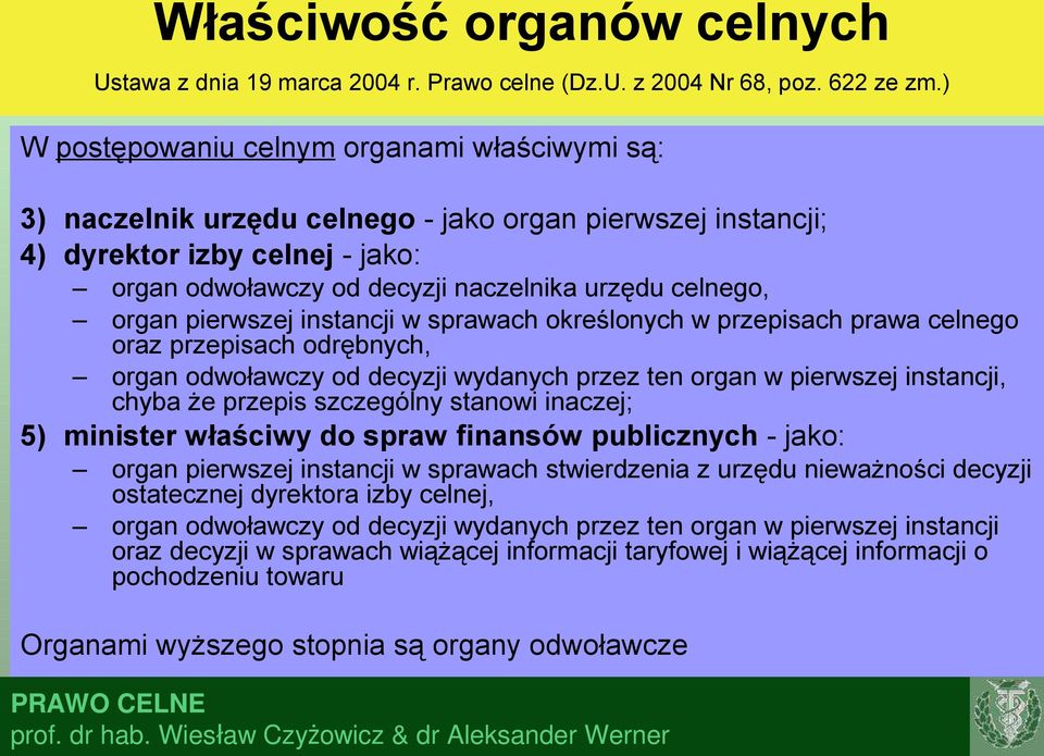 organ pierwszej instancji w sprawach określonych w przepisach prawa celnego oraz przepisach odrębnych, organ odwoławczy od decyzji wydanych przez ten organ w pierwszej instancji, chyba że przepis