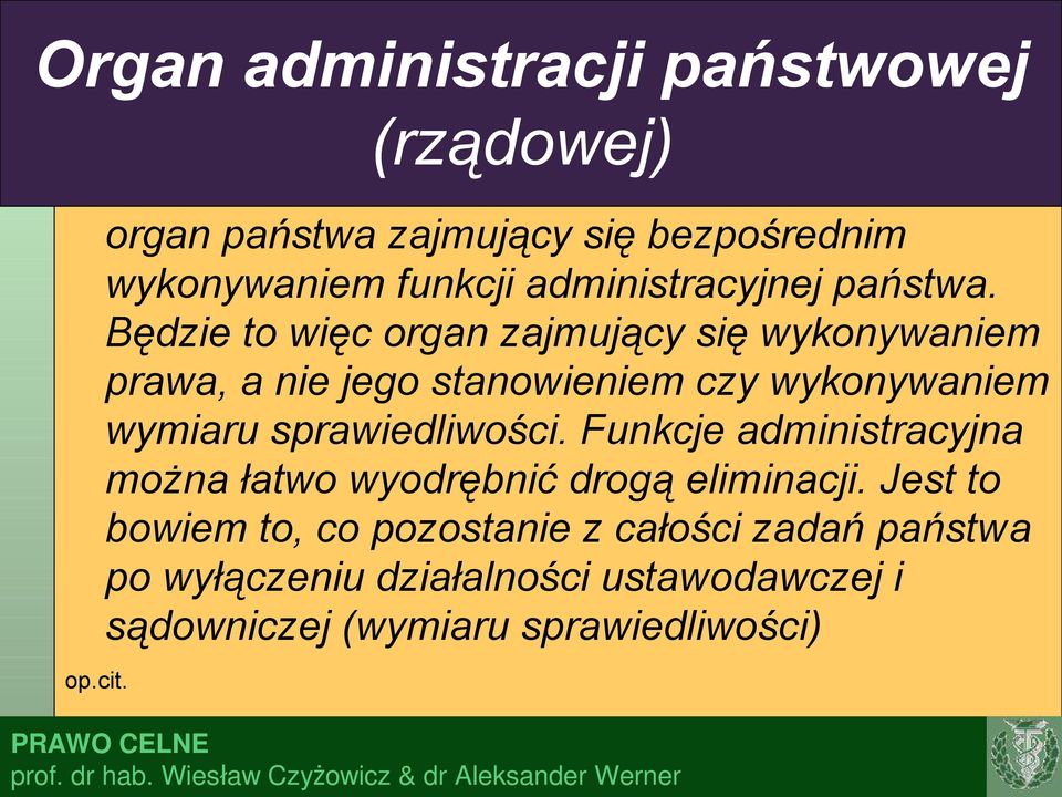 Będzie to więc organ zajmujący się wykonywaniem prawa, a nie jego stanowieniem czy wykonywaniem wymiaru