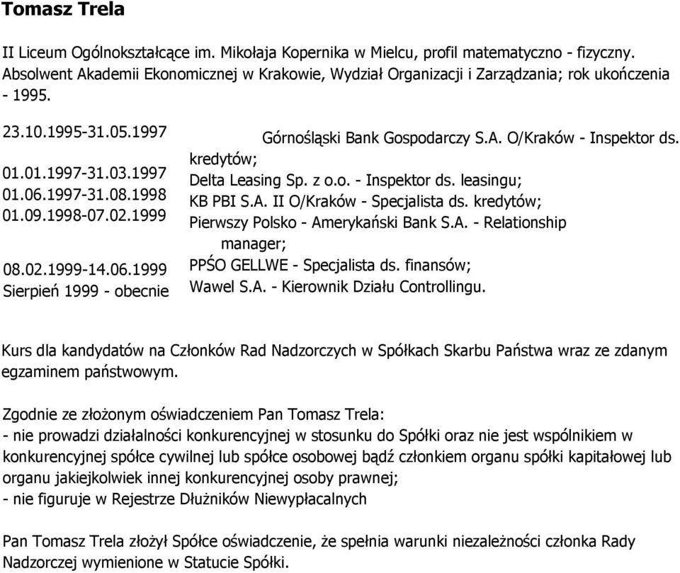 06.1999 Sierpień 1999 - obecnie Górnośląski Bank Gospodarczy S.A. O/Kraków - Inspektor ds. kredytów; Delta Leasing Sp. z o.o. - Inspektor ds. leasingu; KB PBI S.A. II O/Kraków - Specjalista ds.