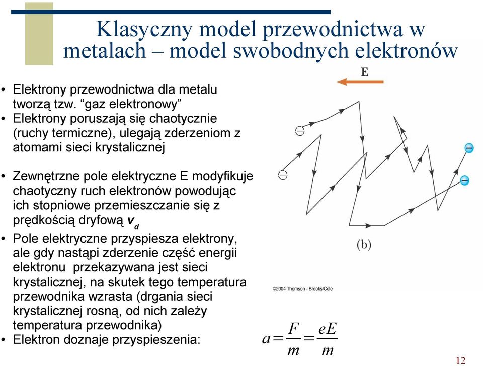 chaotyczny ruch elektronów powodując ich stopniowe przemieszczanie się z prędkością dryfową v d Pole elektryczne przyspiesza elektrony, ale gdy nastąpi zderzenie część