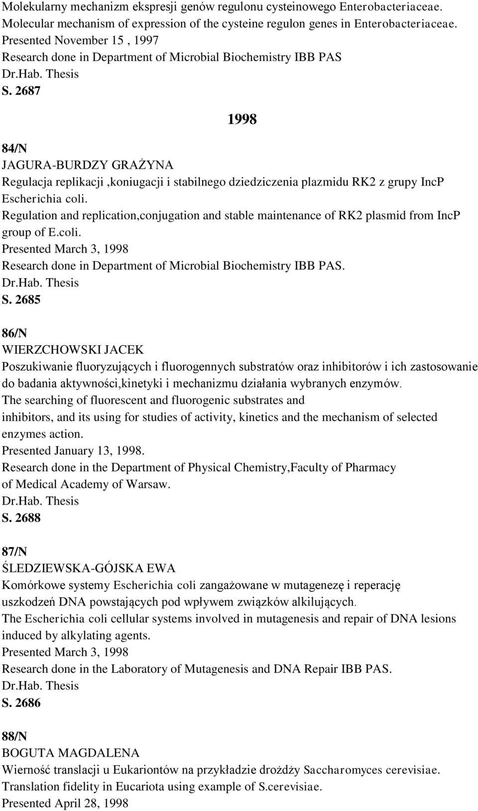 2687 1998 84/N JAGURA-BURDZY GRAŻYNA Regulacja replikacji,koniugacji i stabilnego dziedziczenia plazmidu RK2 z grupy IncP Escherichia coli.